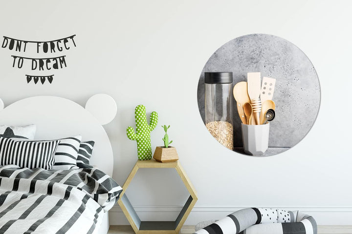 MuchoWow Wandbild Rund Wanddeko Deko Wohnzimmer Bilder 90x90 cm Müsli - Spatel - Küchenutensilien, 9