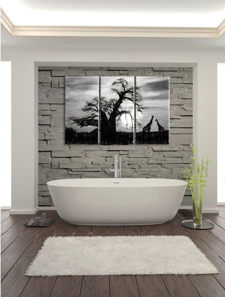 Pixxprint Zwei Giraffen in der Wüste Kohle Zeichnung Effekt 3-Teiler Leinwandbild 120x80 Bild auf Le