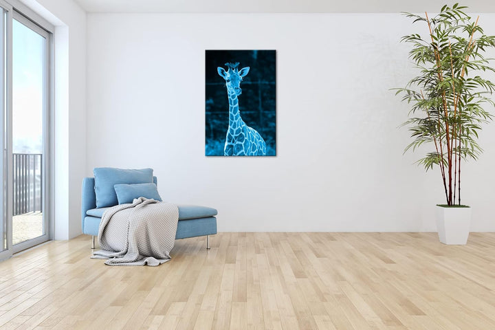 deyoli süsse junge Giraffe Format 80x60 Effekt: Monocrome Blau als Leinwandbild, Motiv fertig gerahm