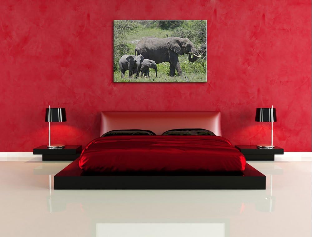 friedliche Elefantenfamilie Leinwand, XXL riesige Bilder fertig gerahmt mit Keilrahmen, Kunstdruck a