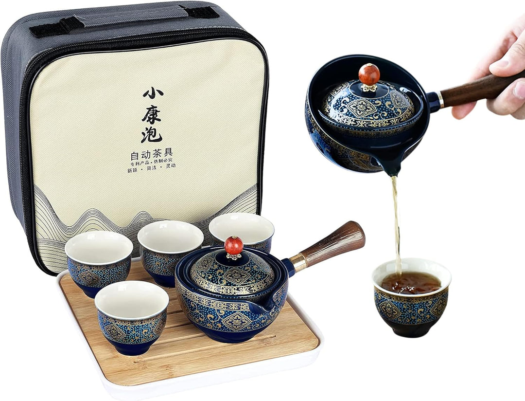 fanquare Porzellan Tragbares Reise Tee Set, Gold Blumen Muster, 4 Tassen, Teekanne und Bambus Tee Ta