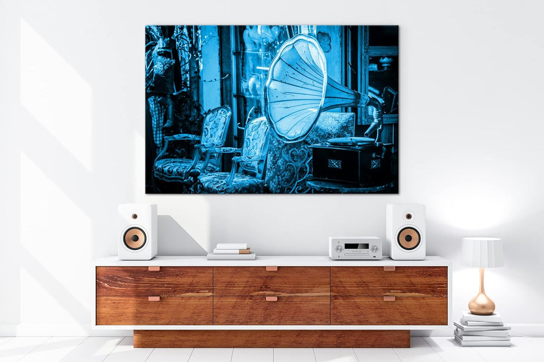 deyoli nostalgischer Plattenspieler Format 80x60 Effekt: Monocrome Blau als Leinwandbild, Motiv fert