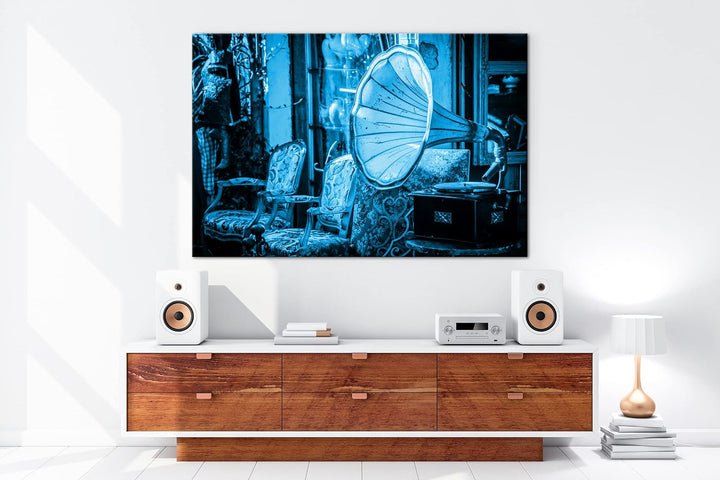deyoli nostalgischer Plattenspieler Format 80x60 Effekt: Monocrome Blau als Leinwandbild, Motiv fert