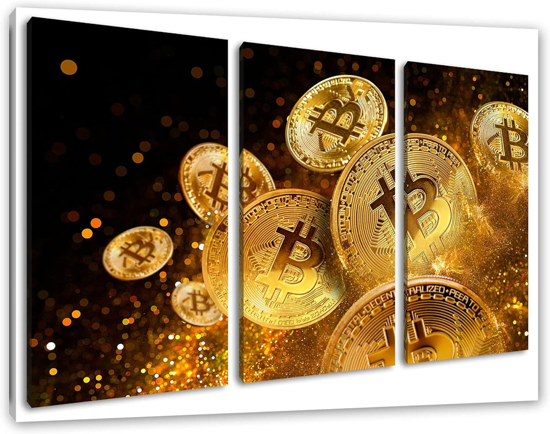 funkelnder Bitcoin BTCals Leinwandbild 3 teilig | Grösse: 120x80 cm | Wandbild | Kunstdruck | fertig