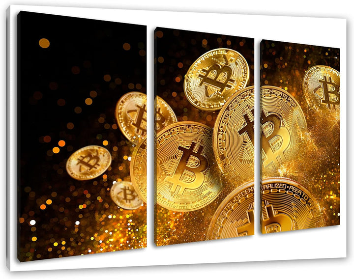 funkelnder Bitcoin BTCals Leinwandbild 3 teilig | Grösse: 120x80 cm | Wandbild | Kunstdruck | fertig