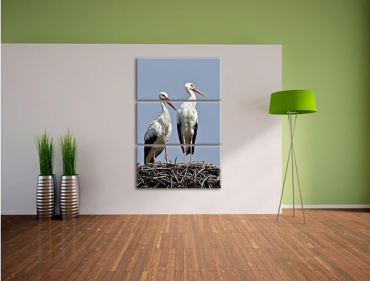 Pixxprint Zwei stolze Störche im Nest 3-Teiler Leinwandbild 120x80 Bild auf Leinwand, riesige Bilder