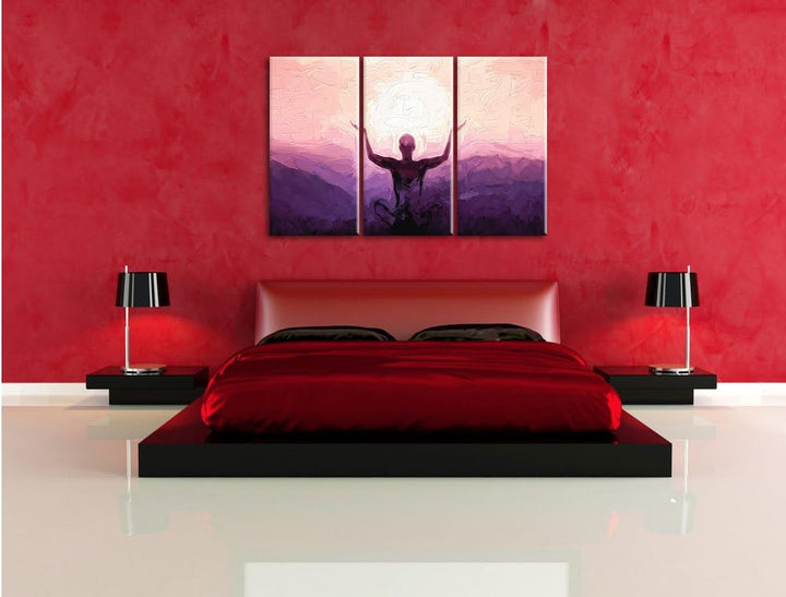 Pixxprint Yoga in den Bergen Kunst Pinsel Effekt 3-Teiler Leinwandbild 120x80 Bild auf Leinwand
