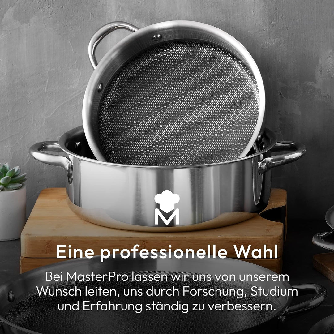 MasterPro Hi-Tech 3 | Topf 28 cm | Edelstahl mit Wabenstruktur | 3-Fache Beschichtung | Küchenutensi