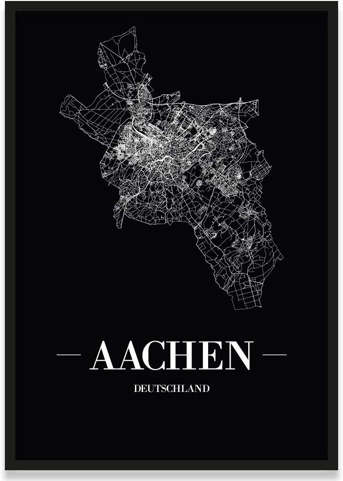 JUNIWORDS Stadtposter, Aachen, Wähle eine Grösse, 21 x 30 cm, Poster mit Rahmen, Schrift A, Schwarz