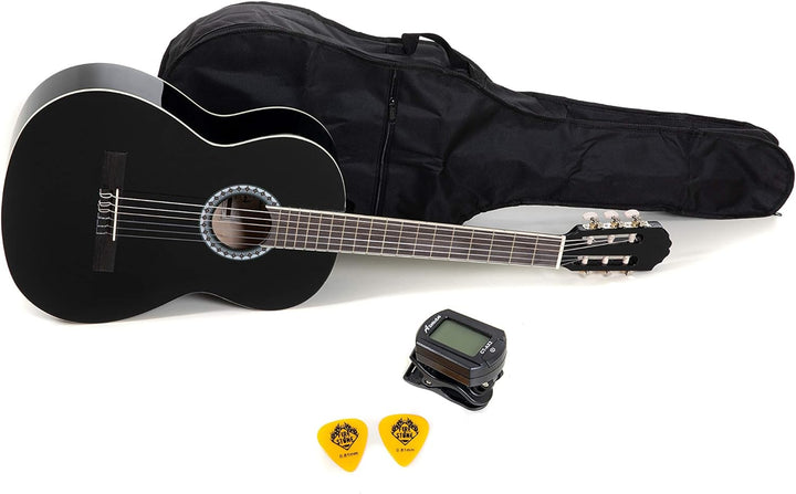 GEWApure Konzertgitarre BASIC SET 4/4 schwarz, mit Tasche, ClipTuner und 2 Plektren 4/4 Set schwarz,