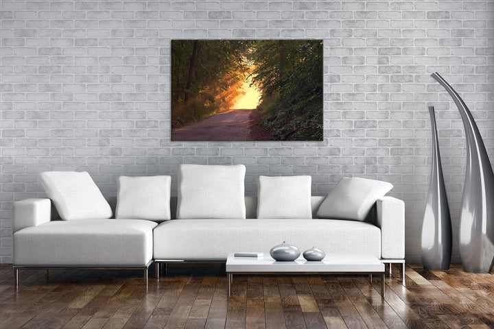 deyoli Waldweg im schönen Sonnenlicht am Abend im Format: 80x60 als Leinwandbild, Motiv fertig gerah