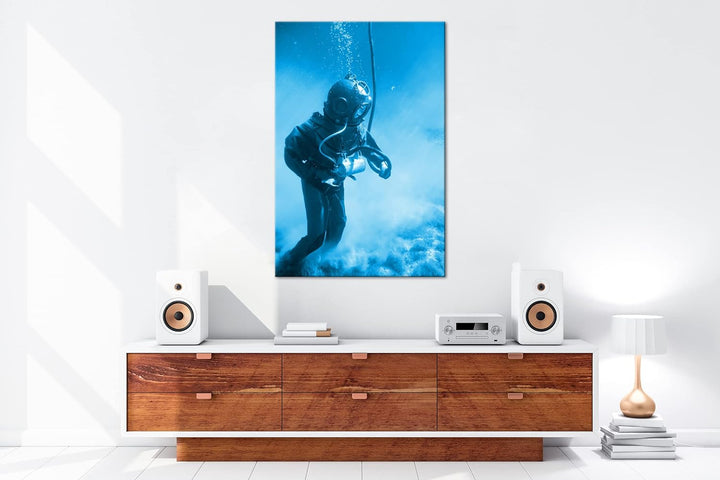 deyoli Taucher in einer alten Ausrüstung Format 80x60 Effekt: Monocrome Blau als Leinwandbild, Motiv