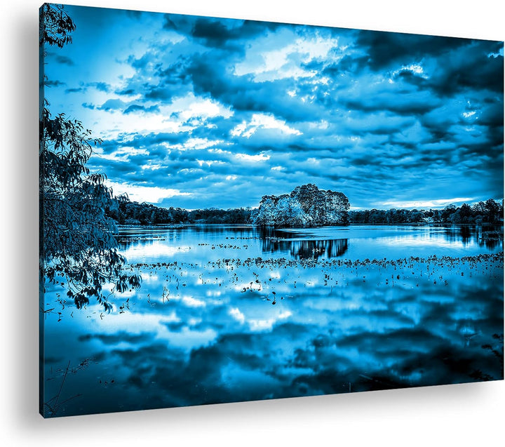 deyoli malerischer bewölkter See Format 80x60 Effekt: Monocrome Blau als Leinwandbild, Motiv fertig