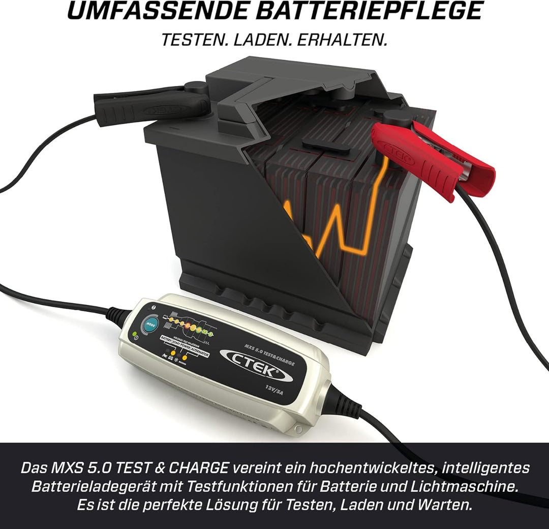 CTEK MXS 5.0 Test & Charge, Batterieladegerät 12V, Batteriepfleger, Ladegerät Auto Und LKW Ladegerät