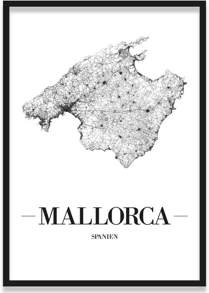 JUNIWORDS Stadtposter, Mallorca, Wähle eine Grösse, 30 x 40 cm, Poster mit Rahmen, Schrift A, Weiss