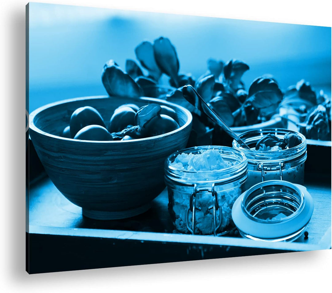 deyoli Tomaten mit Schafskäse Format 80x60 Effekt: Monocrome Blau als Leinwandbild, Motiv fertig ger