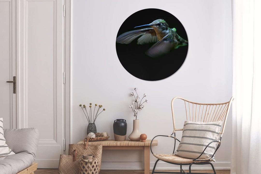 MuchoWow Wandbild Rund Wanddeko Deko Wohnzimmer Bilder 90x90 cm Kolibri - Federn - Schwarz, 90x90 cm