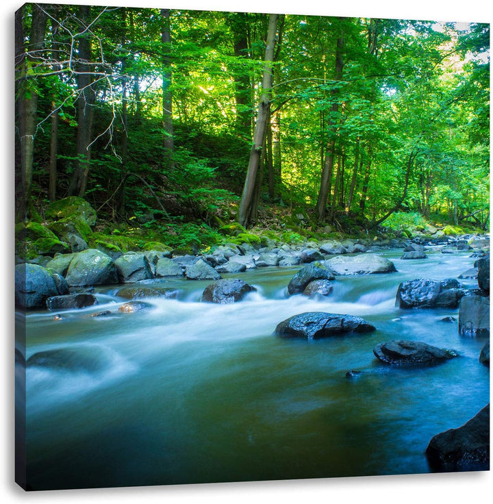 Fluss mit Steinen, Format: 70x70 auf Leinwand, XXL riesige Bilder fertig gerahmt mit Keilrahmen, Kun