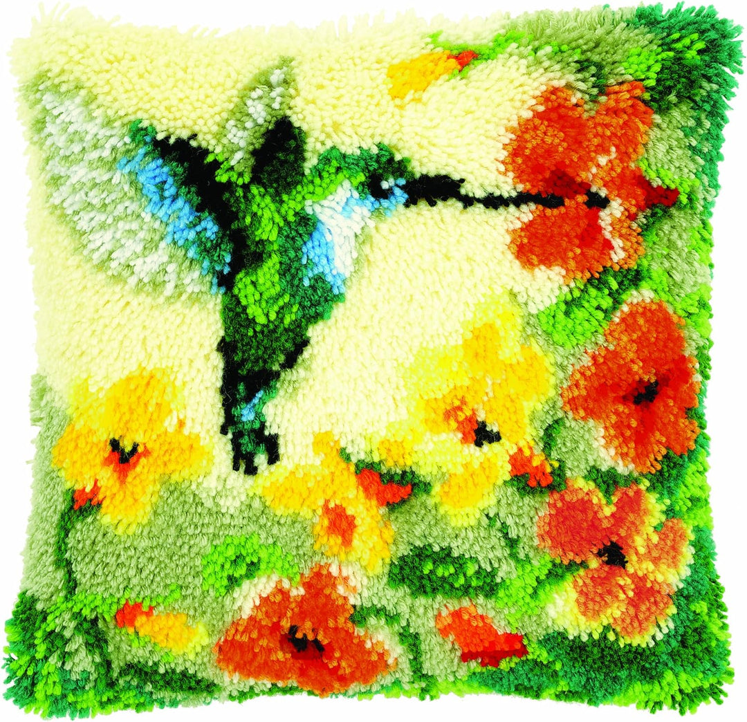 Vervaco Kolibri mit Blumen Knüpfkissen mit Knüpfhaken, Baumwolle, Mehrfarbig, 40 x 40 x 1 cm