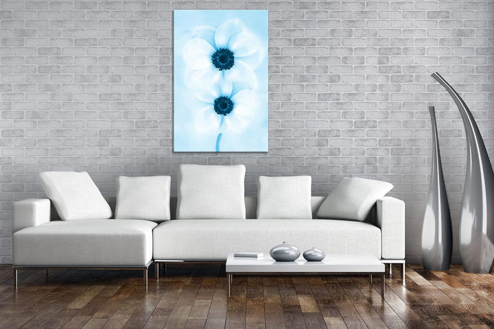 deyoli malerische weisse Blumen Format 100x70 Effekt: Monocrome Blau als Leinwandbild, Motiv fertig