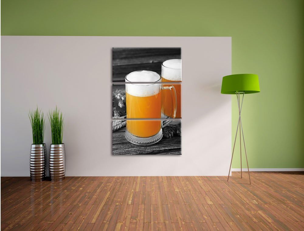 Pixxprint Zwei Biergläser Hefeweizen mit Hopfen auf Holztisch 3-Teiler Leinwandbild 120x80 Bild auf