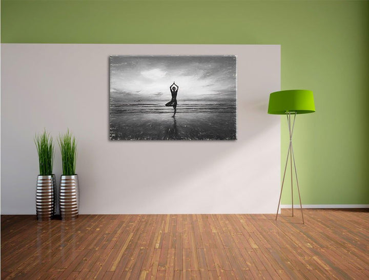 Pixxprint Yoga am Strand Kunst / 100x70cm Leinwandbild bespannt auf Holzrahmen/Wandbild Kunstdruck D