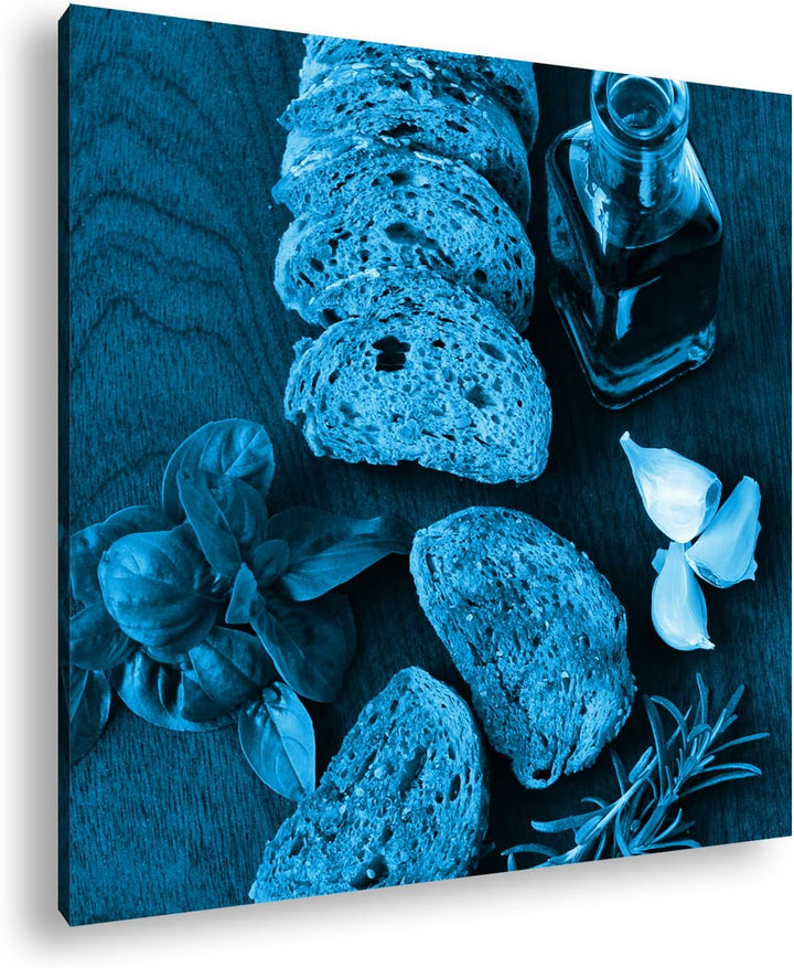 deyoli mediterranes Oliven Öl mit Brot Format: 70x70 Effekt: Monocrome Blau als Leinwandbild, Motiv