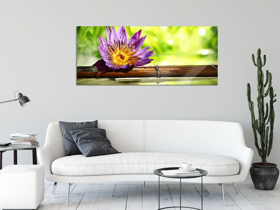 Glasbild Panorama | Wandbild aus Echtglas | Seerose auf Bambus Wellness | 100x40 cm | inkl. Aufhängu
