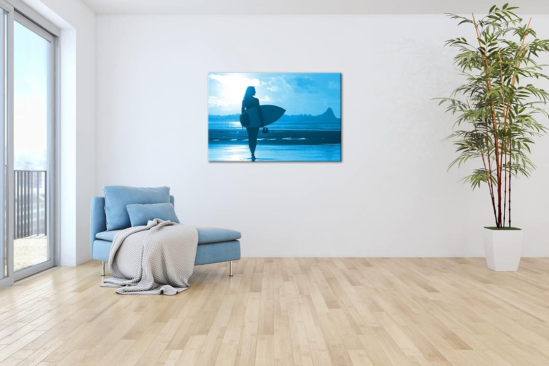 deyoli Surfen im Sonnenuntergang Format: 80x60 Effekt: Monocrome Blau als Leinwandbild, Motiv fertig