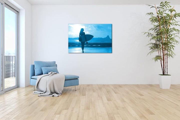 deyoli Surfen im Sonnenuntergang Format: 80x60 Effekt: Monocrome Blau als Leinwandbild, Motiv fertig