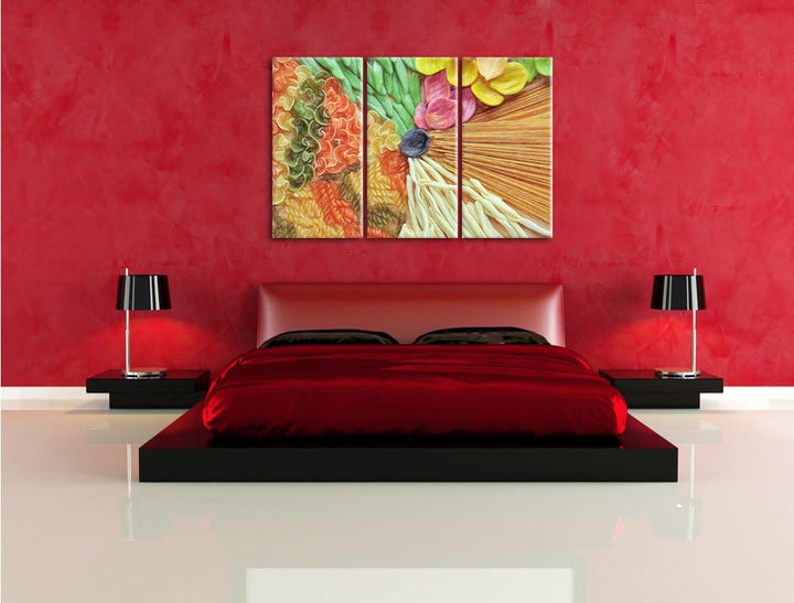 Pixxprint Zusammenstellung von bunten Nudeln / 3-Teilig/Gesamtmass 120cm Leinwandbild bespannt auf H
