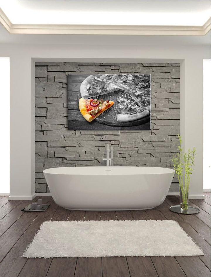 geschnittene Pizza auf Holzbrett schwarz/weiss Format: 100x70 auf Leinwand, XXL riesige Bilder ferti