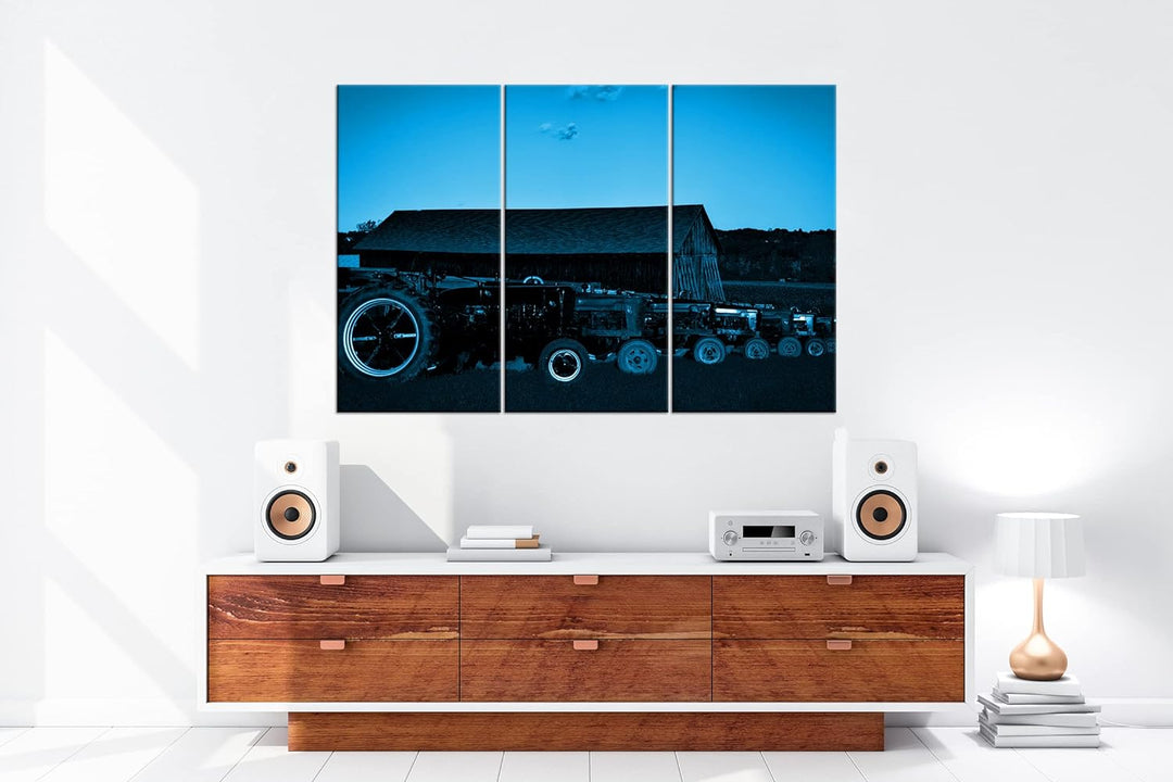deyoli Traktoren auf einer Farm Format 120x80 3Teilig Effekt: Monocrome Blau als Leinwandbild, Motiv