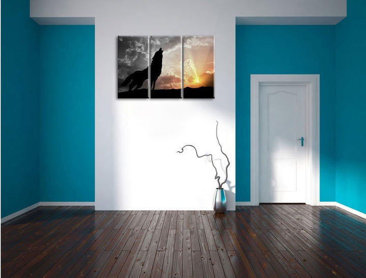 Pixxprint Wolf Heulen als Leinwandbild/Grösse: 3 Teilig (120x80 cm) cm/Wandbild/Kunstdruck/fertig be