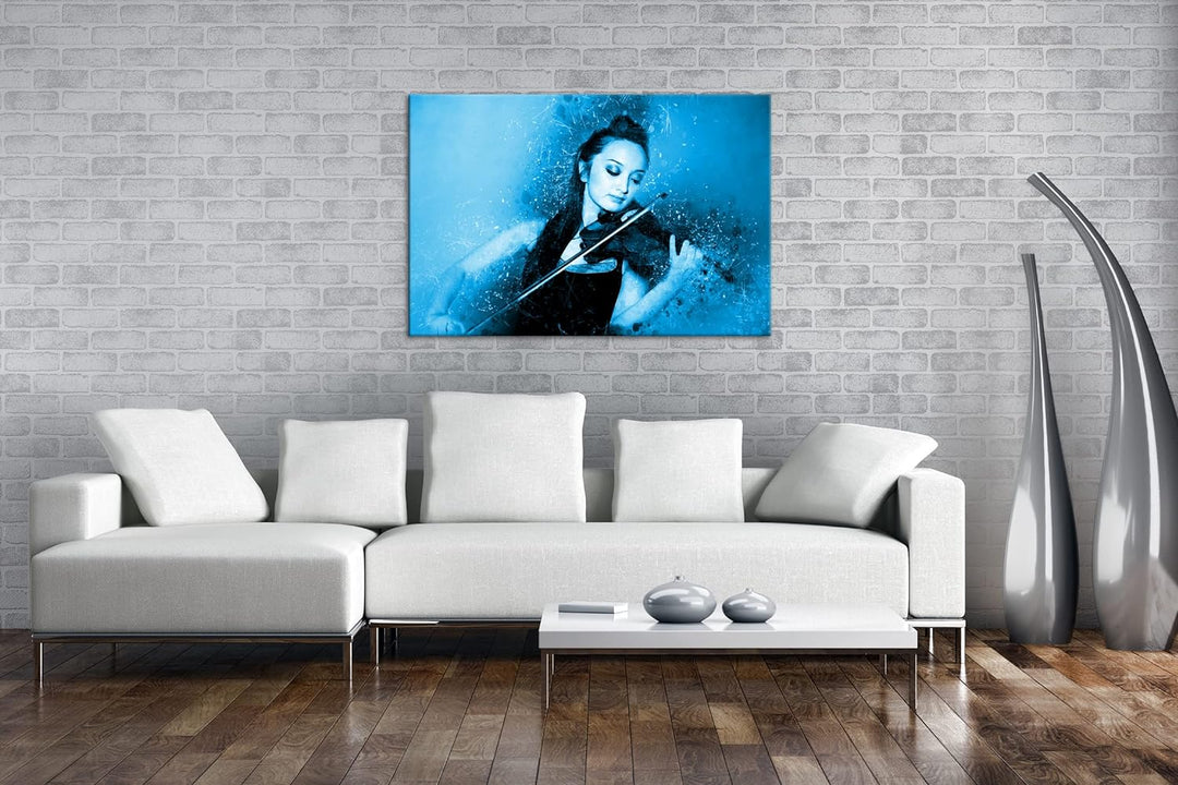deyoli schöne Frau spielt Geige Format 80x60 Effekt: Monocrome Blau als Leinwandbild, Motiv fertig g