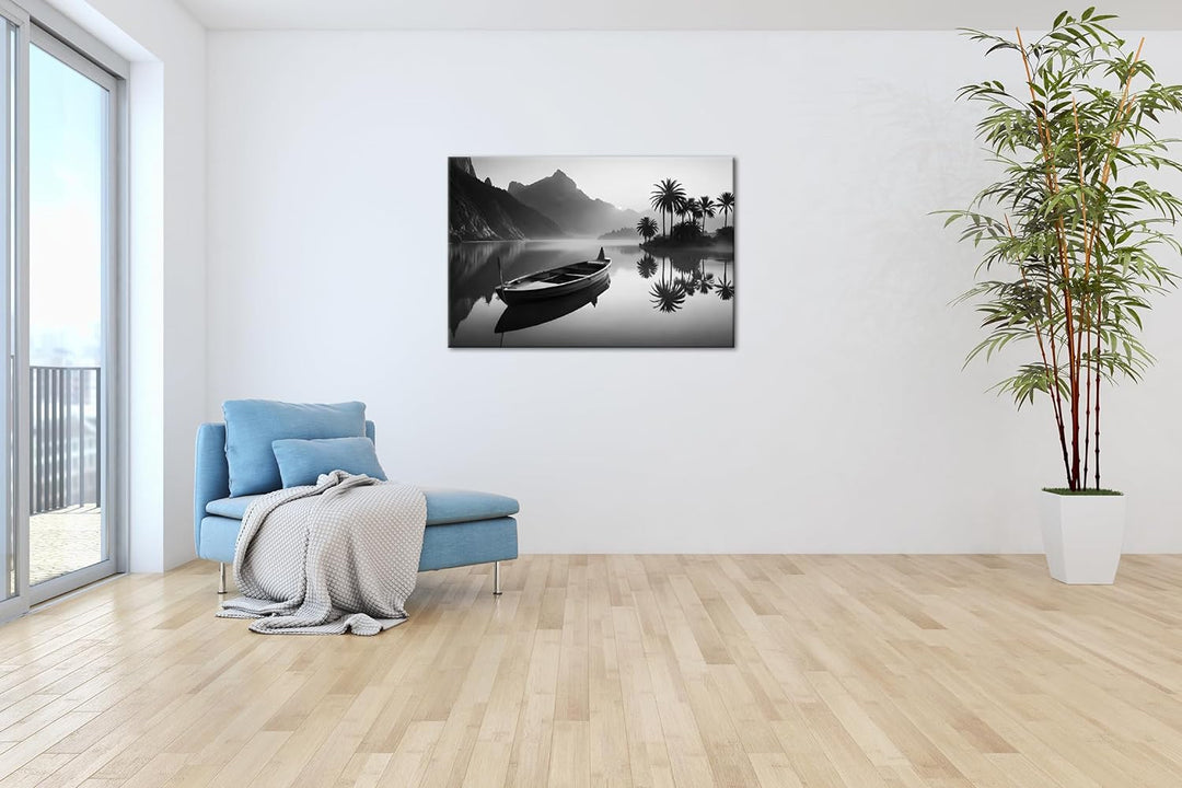 deyoli Palme mit Boot am Strand Format: 80x60 cm Effekt: Schwarz/Weiss als Leinwandbild, Motiv ferti