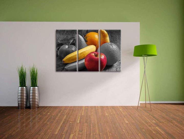 Frisches Obst auf Holztisch schwarz/weiss 3-Teiler Leinwandbild 120x80 Bild auf Leinwand, XXL riesig