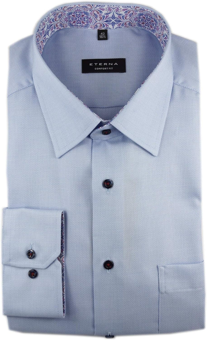 eterna Herren Langarm Business Hemd Comfort Fit Struktur Unifarben Kent Patch 3270.12.E14E (Hellblau