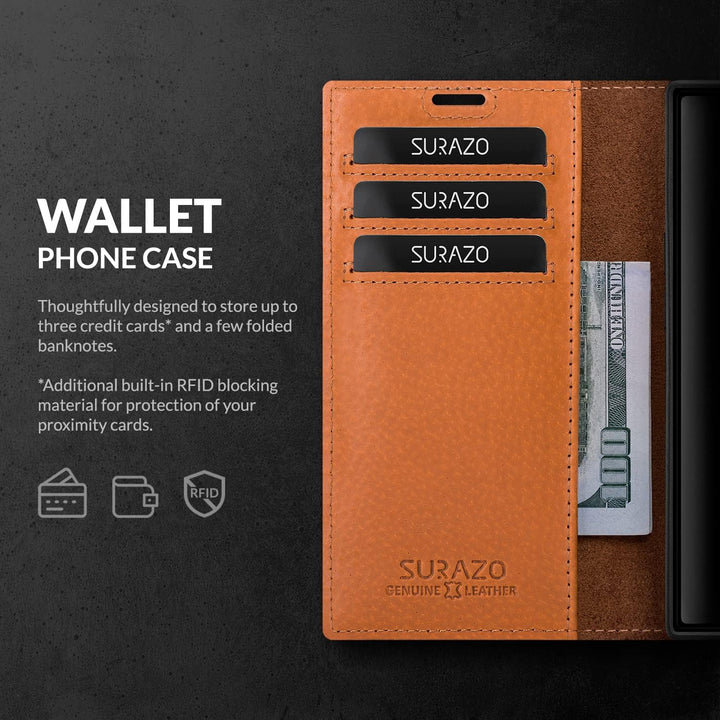 SURAZO Handyhülle für Samsung Galaxy S23 Ultra Hülle Leder – Klappbare Echtleder Schutzhülle [Magnet