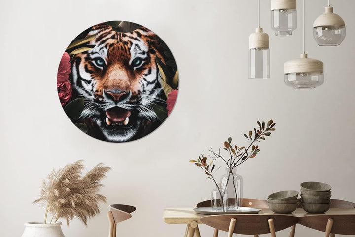 MuchoWow Wandbild Rund Wanddeko Deko Wohnzimmer Bilder 90x90 cm Tiger - Blumen - Dschungel, 90x90 cm