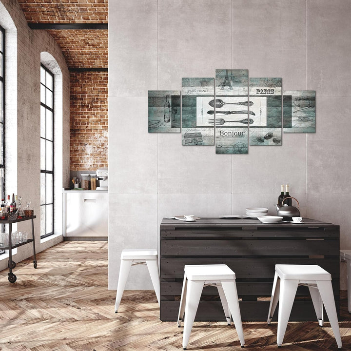 Runa Art Bild Esszimmer Küchenbilder Küche Holz 5 Teilig Vintage Besteck Türkis Wandbilder auf Vlies