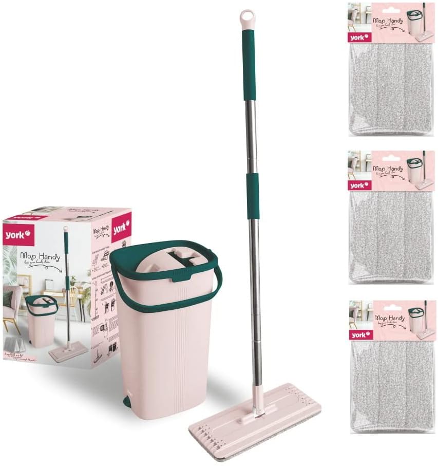York - Mopp Flach | Ausgedrückt mit Eimer | Handy von York | Rosa-grün | Standard | 3-Austauschbarer