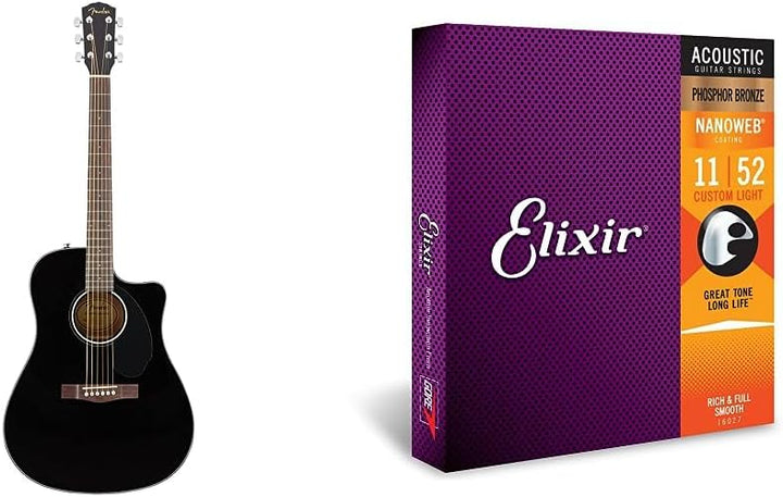 Fender CD-60SCE Dreadnought Akustikgitarre, Walnussgriffbrett, Schwarz & Elixir 16027 Saiten Phospho