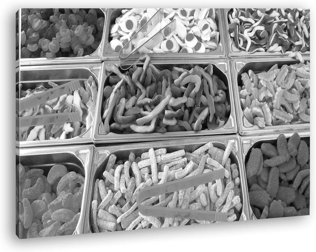 deyoli viele bunte Süssigkeiten Effekt: Schwarz/Weiss im Format: 80x60 als Leinwandbild, Motiv ferti