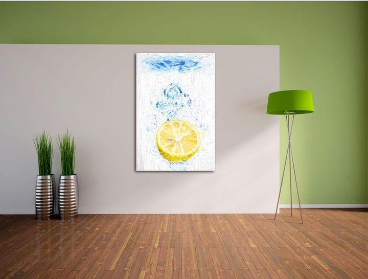Pixxprint Zitrone fällt ins Wasser als Leinwandbild/Grösse: 100x70 cm/Wandbild/Kunstdruck/fertig bes