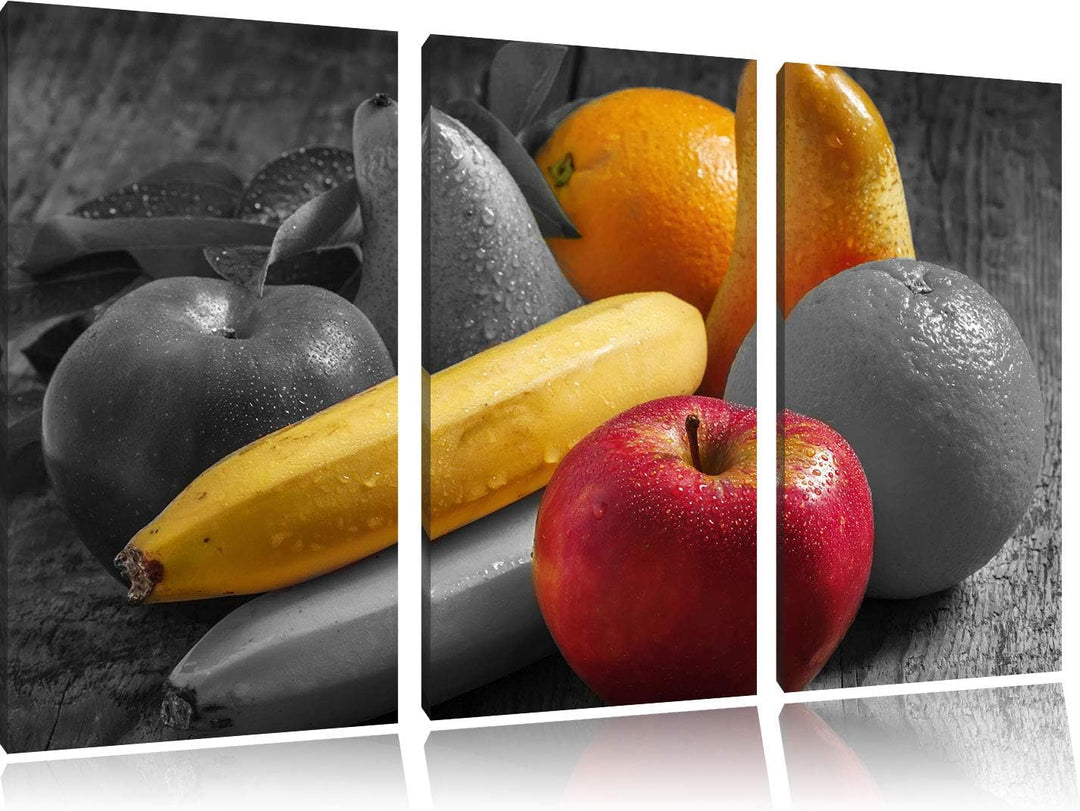 Frisches Obst auf Holztisch schwarz/weiss 3-Teiler Leinwandbild 120x80 Bild auf Leinwand, XXL riesig