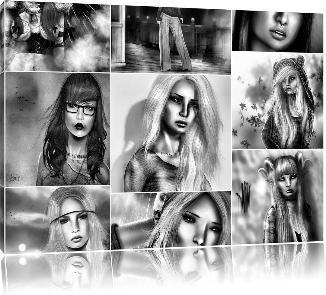 Pixxprint Zeichnungen von Frauen / 100x70cm Leinwandbild bespannt auf Holzrahmen/Wandbild Kunstdruck