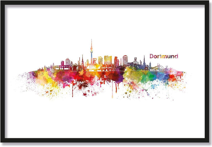 JUNIWORDS Poster mit/ohne Holzrahmen, Wähle ein Motiv, Aquarell Skyline Dortmund, Wähle eine Grösse,