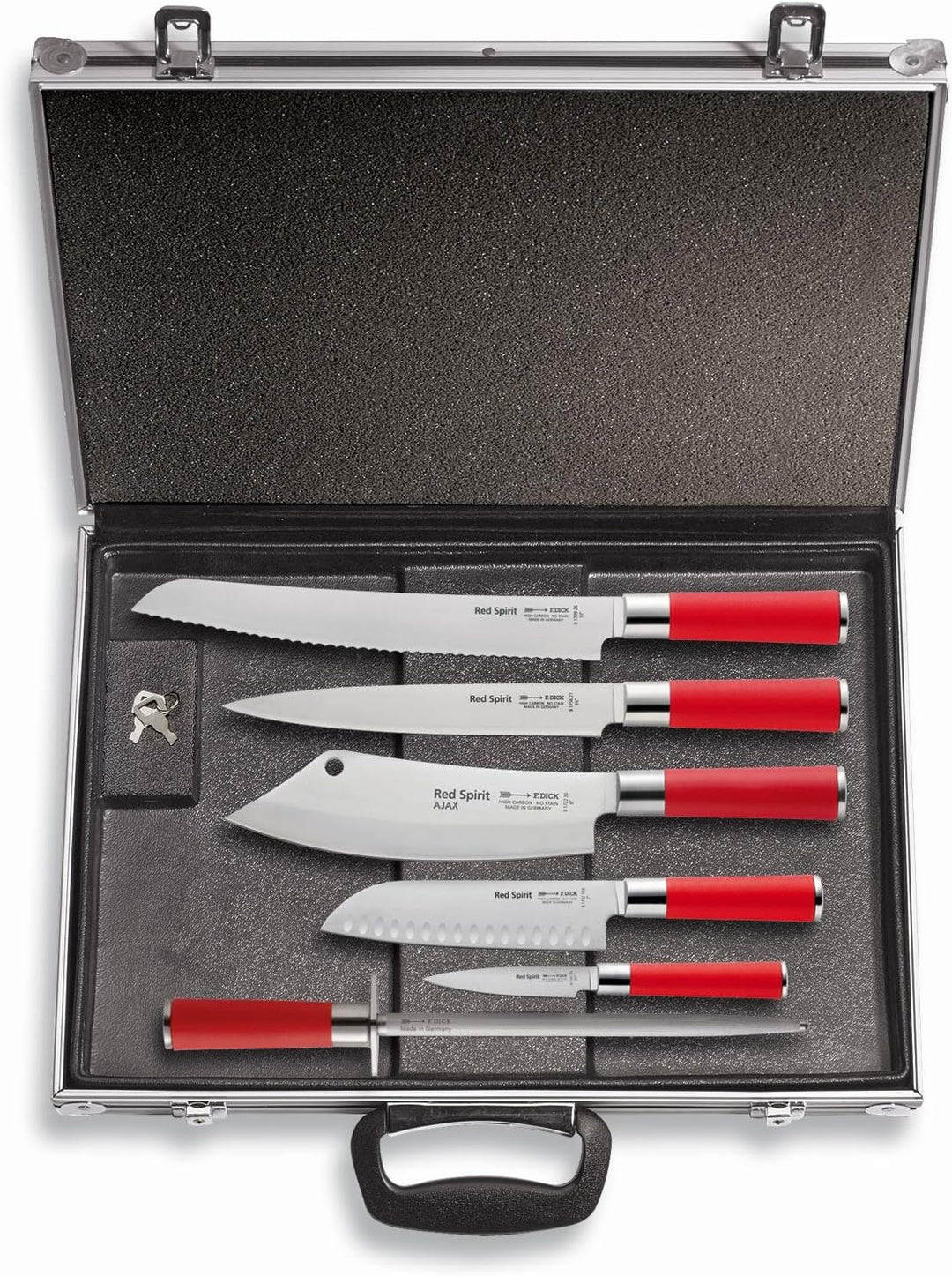 F. DICK Messerset Red Spirit (Magnetkoffer, Kochmesser AJAX, Brotmesser, Santoku, Tranchiermesser, O