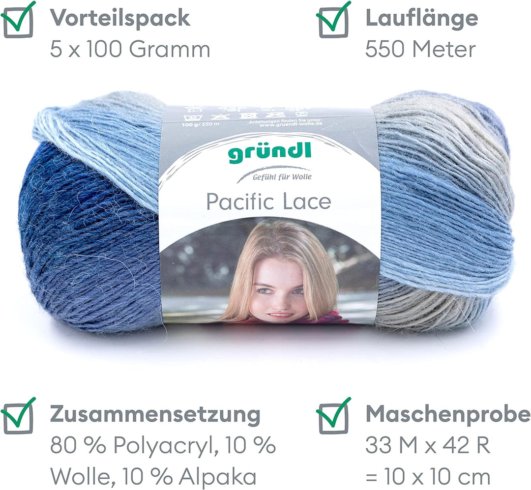 Gründl Pacific Lace (Farbverlaufsgarn mit wollartigem Charakter aus 80 % Polyacryl, 10 % Wolle, 10 %